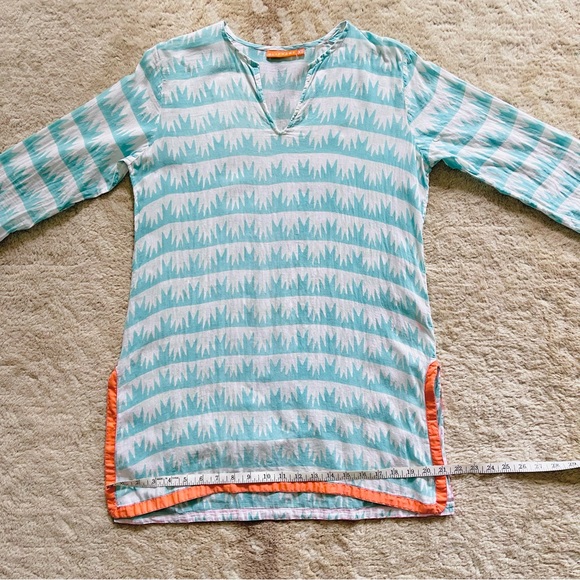 Oliphant Cotton Tunic Top Split V Neck 3/4 Sleeve White W/ Aqua Aloe Print Sz XS - Picture 4 of 13